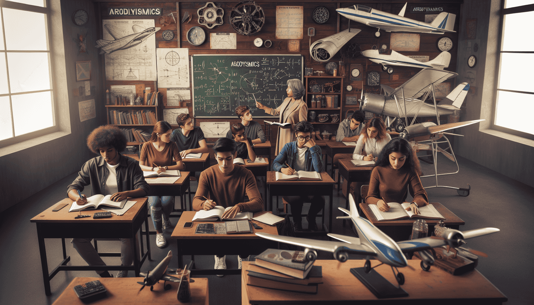 Studenti in aula che apprendono teoria dell'aviazione